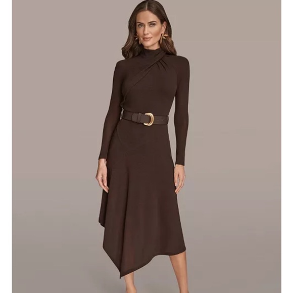 Donna Karan Dresses & Skirts - Donna Karan brown belted Asymmetrical Dress. Nwt xs